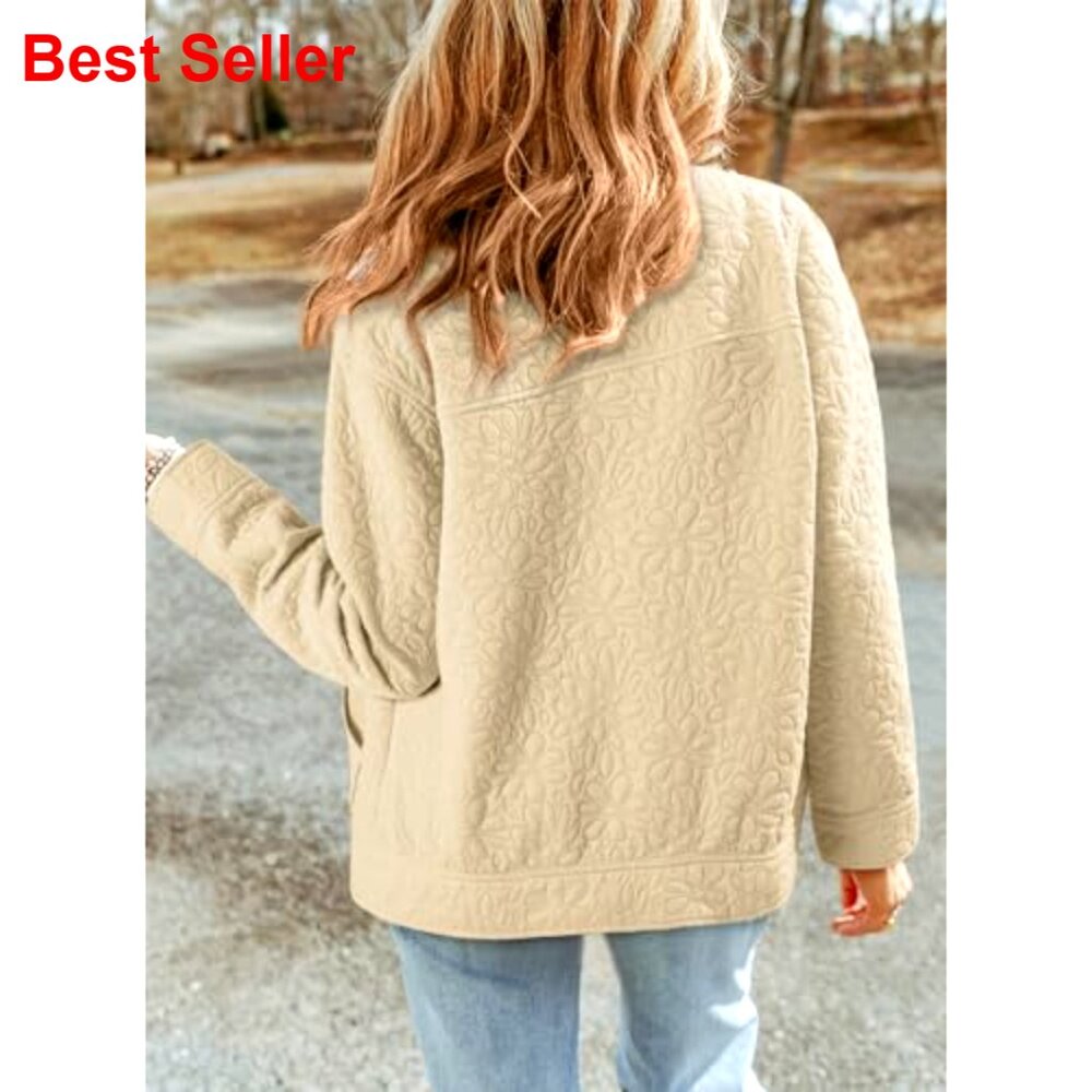 Women's Jacquard Button-Down Shacket Jacket with Pockets, Long Sleeve Casual - Picture 2 of 7